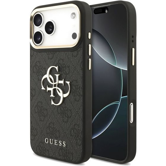 Guess Pu Leather 4G Metal Logo Gold Frame Case For Iphone 18 Pro Max Black - (GUHCP18X4GMGCGR)