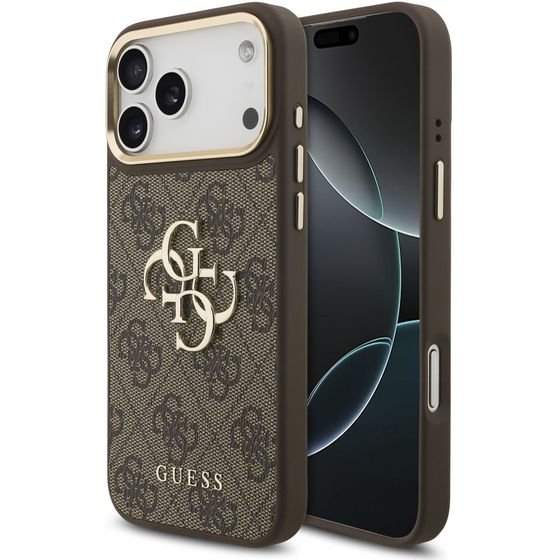 Guess Pu Leather 4G Metal Logo Gold Frame Case For Iphone 18 Pro Max Brown - (GUHCP18X4GMGCBR)