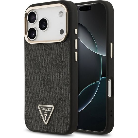 Guess Pu Leather 4G Strass Triangle Logo Gold Frame Magsafe Case For Iphone 18 Pro Black - (GUHMP18LP4GTDGMK)