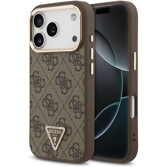 Guess Pu Leather 4G Strass Triangle Logo Gold Frame Magsafe Case For Iphone 18 Pro Brown - (GUHMP18LP4GTDGMW)