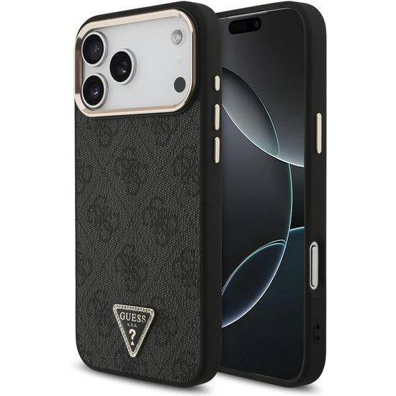 Guess Pu Leather 4G Strass Triangle Logo Gold Frame Magsafe Case For Iphone 18 Pro Max Black - (GUHMP18XP4GTDGMK)