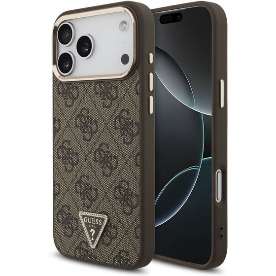 Guess Pu Leather 4G Strass Triangle Logo Gold Frame Magsafe Case For Iphone 18 Pro Max Brown - (GUHMP18XP4GTDGMW)