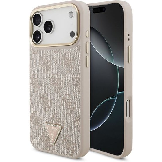 Guess Pu Leather 4G Strass Triangle Logo Gold Frame Magsafe Case For Iphone 18 Pro Max Pink - (GUHMP18XP4GTDGMP)