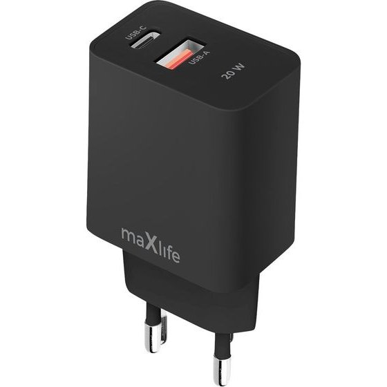 Maxlife MXTC-13-20AC Pd Qc Charger 1x USB-C 1x Usb 20W black