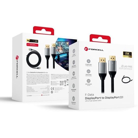 FORCELL Cable Display Port To Display Port 2.1 16K 60Hz/8K 120Hz/4K 240Hz - High Speed, HDR, Ethernet, G-SYNC/FreeSync, 80Gbps, 2 m black