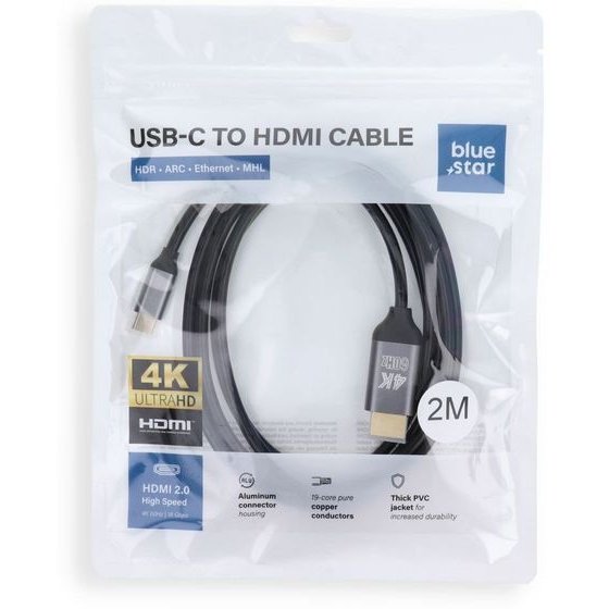Blue Star Cable Usb C To Hdmi 4K 60Hz - High Speed, HDR, ARC, Ethernet, AWM, 2m black