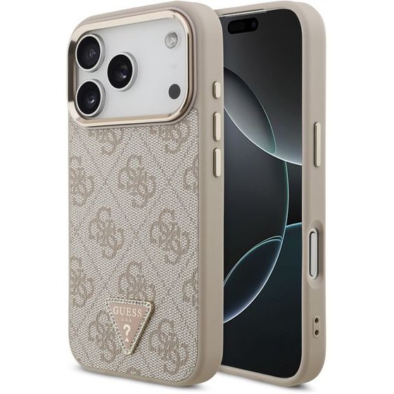 Guess Pu Leather 4G Strass Triangle Logo Gold Frame Magsafe Case For Iphone 18 Pro Pink - (GUHMP18LP4GTDGMP)