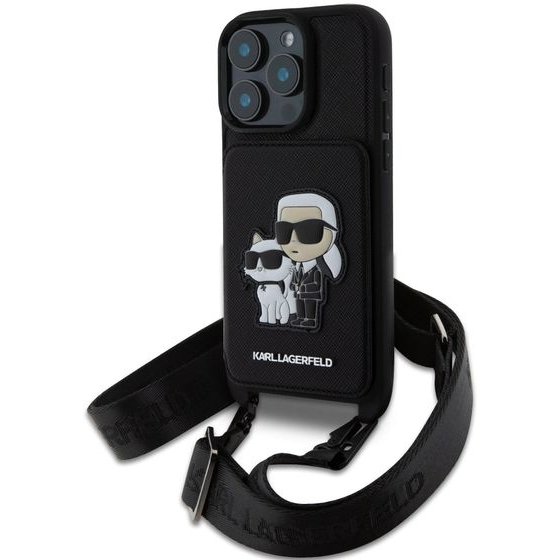 Karl Lagerfeld Saffiano Crossbody Strap Karl And Choupette Case For Iphone 16 Pro Max Black - (KLHCP16XCSAKCPMK)
