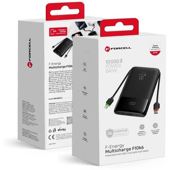 FORCELL F-Energy F10K6 Multicharge Powerbank With built-In Cables Type C And Lightning Pd QC3.0 3A 22,5W 10000 Mah black