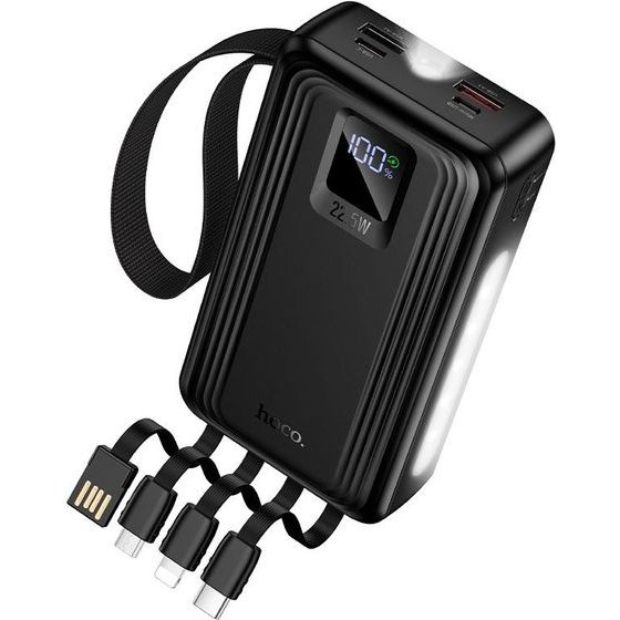 Hoco Powerbank 20000 Mah Qc Pd 22,5W With built-In Cables Usb A + Usb C+ Lightning + Micro Usb And Two Lights J173 black
