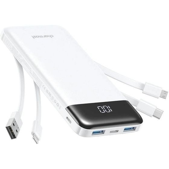 Charmast Powerbank W1148 5V 3A 10000 Mah With built-In Cables Usb A / Usb C / Lightning / Micro Usb White