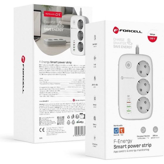 FORCELL Power Strip F-Energy 3 Sockets + Usb C 30W + 3 x Usb A QC3.0 Pd + Wifi Tuya, SmartLife, Alexa 10A 2500W VT-PS03 white