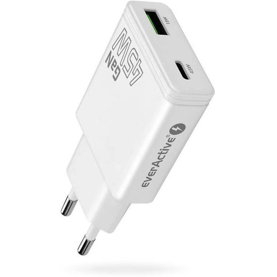 EVERACTIVE Charger Gan 1x USB-C, 1x Usb Quick Charge 3.0 45W Pd White - (SC-460Q)