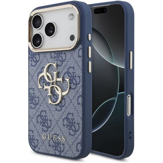 Guess Pu Leather 4G Metal Logo Gold Frame Case For Iphone 18 Pro Blue - (GUHCP18L4GMGCBL)