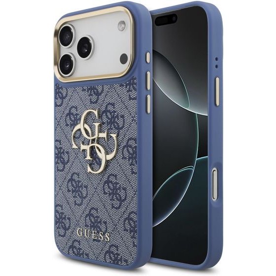 Guess Pu Leather 4G Metal Logo Gold Frame Case For Iphone 18 Pro Max Blue - (GUHCP18X4GMGCBL)
