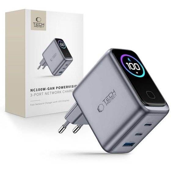Tech-Protect Powervision NC100W-Gan 3-Port Network Charger Pd 100W / QC3.0 Dark GREY