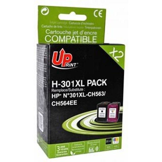 UPrint Compatible Ink With CH563EE+CH564EE, Hp 301XL, black+color, 20+18ml - (H-301XL-PACK)
