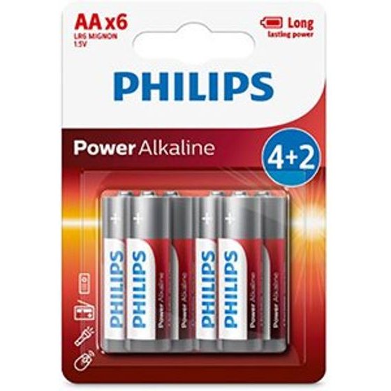 Philips Power One-Off Alkaline Battery AA, 6-Pack - (LR6P6BP/10)