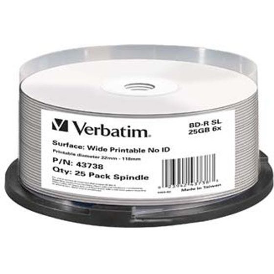 Verbatim BD-R, Single Layer Wide Printable No Id Surface Hard Coat, 25GB, Cake box, 6x, 25-pack, For Data Archiving - (43738)