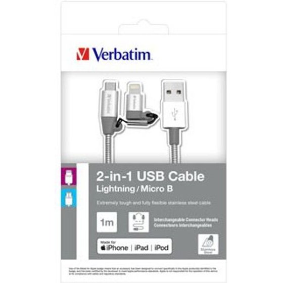 Verbatim Usb Cable (2.0), Usb A Male - Microusb M + Apple Lightning M, 1m, silver, box, 2 In 1 - Adjustable Ending Lightnin - (48869)