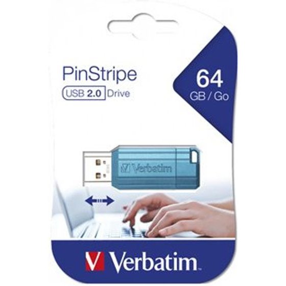 Verbatim Usb Flash disk, Usb 2.0, 64GB, PinStripe, Store N Go, blue, Usb A, With Telescopic Connector - (49961)