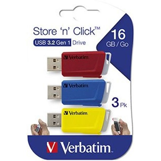 Verbatim Usb Flash disk, Usb 3.0, 16GB, Store N Click, Colour mix, Usb A, With Retractable connector, 3 Pcs - (49306)