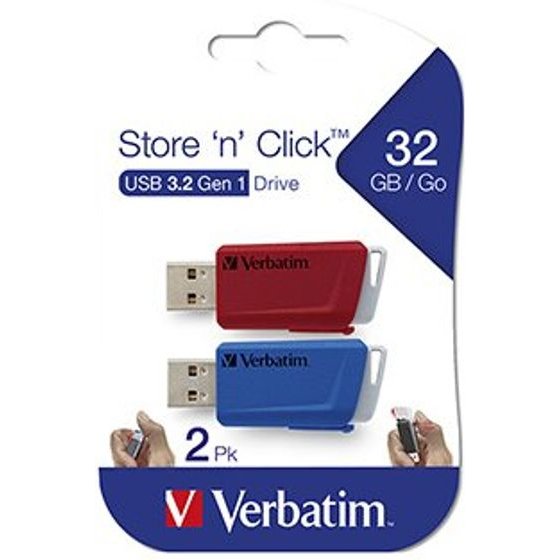 Verbatim Usb Flash disk, Usb 3.0, 32GB, Store N Click, Colour mix, Usb A, With Retractable connector, 2 Pcs - (49308)