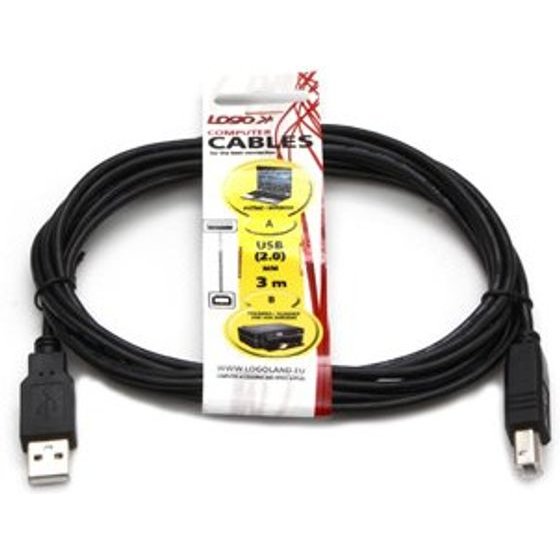 Logo USB cable (2.0), USB A male - USB B male, 3m, black - (10219)