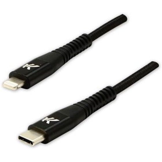 Logo USB cable (2.0), USB C M - Apple Lightning M, 1m, MFi certification, 5V/3A, black, box, nylon braided, aluminium connector co - (KUETCML10BBL)