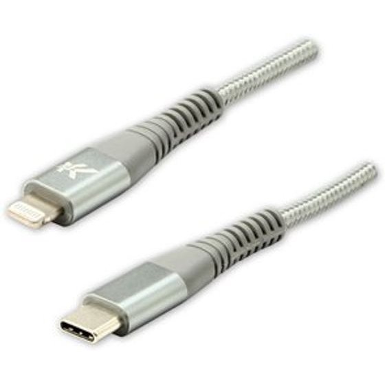 Logo USB cable (2.0), USB C M - Apple Lightning M, 2m, MFi certification, 5V/3A, silver, box, nylon braided, aluminium connector c - (KUETCML20ABL)
