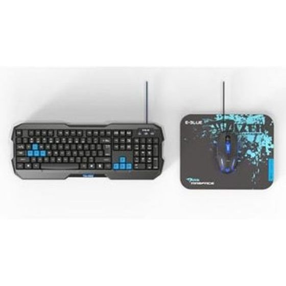E-BLUE Polygon keyboard set wire (USB) US, black and blue with mouse Cobra II, game, and Mazer Marface S mousepad type, EOL - (EKM820BK)