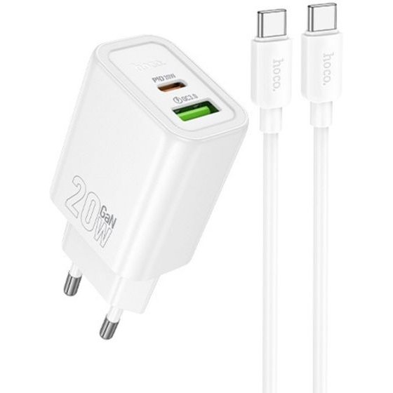 Hoco 220V 20W, GaN, USB-A + USB-C + Cable Type-C - Type-C, Gentle /white/ - N61