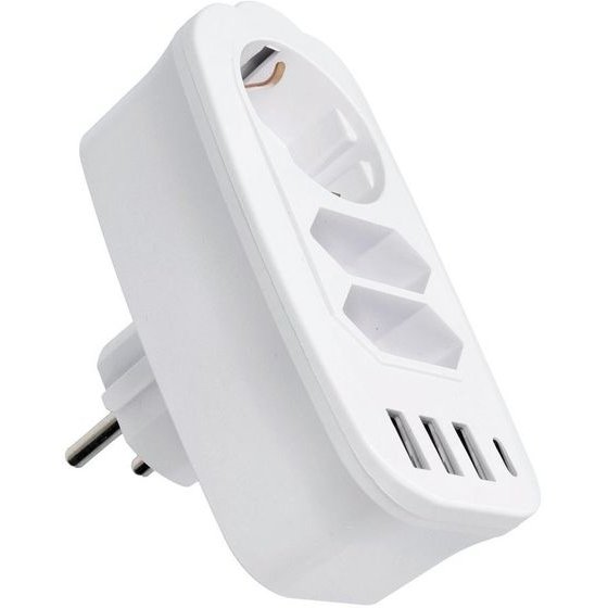 Power Strip With 3 Sockets Max 16A With 3x Usb A, 1x Typ C Ports E06 White OEM