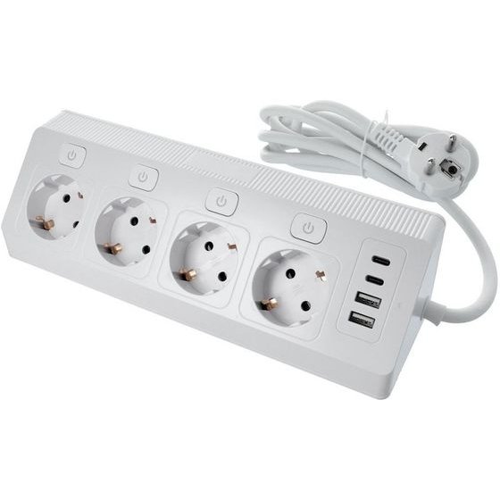 Power Strip With 4 Sockets Max 3680W, 2xUsb A, 2x Type C Ports With 2m Power Cable E42 White OEM