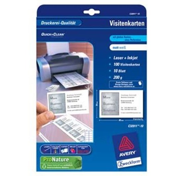 Avery Zweckform Business cards, matt, white, A4, 200 g/m2, 85x54mm, 10 sheets, For Laser And Inkjet printers, O - (C32011-10)