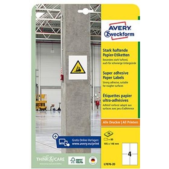 Avery Zweckform Labels 105mm x 148mm, A4, white, 4 labels, Higly adhesive, Packed By 20 pcs, For Laser And Inkjet Printe - (L7876-20)