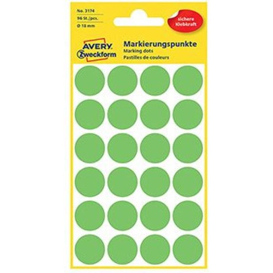 Avery Zweckform Labels 18mm, Neon green, 24 labels, marking, Packed By 4 pcs, For Hand Description - (3174)