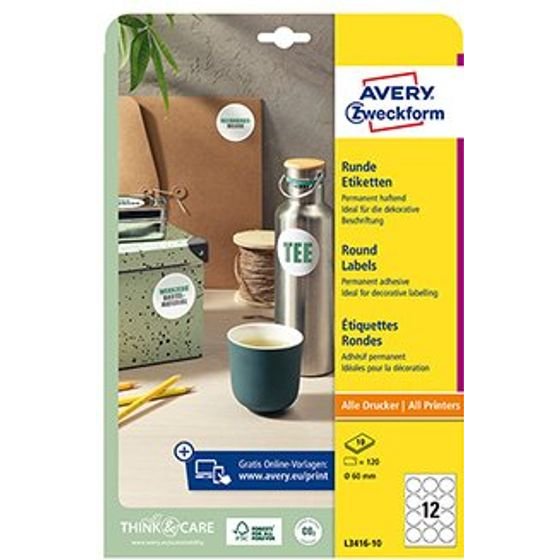 Avery Zweckform Labels 60mm, A4, white, 12 labels, Packed By 10 pcs, For Laser And Inkjet printers, Copiers - (L3416-10)