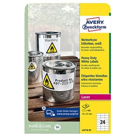 Avery Zweckform Labels 70mm x 37mm, A4, matt, white, 24 labels, Very resistant, Packed By 20 pcs, For Laser Printers And - (L4718-20)