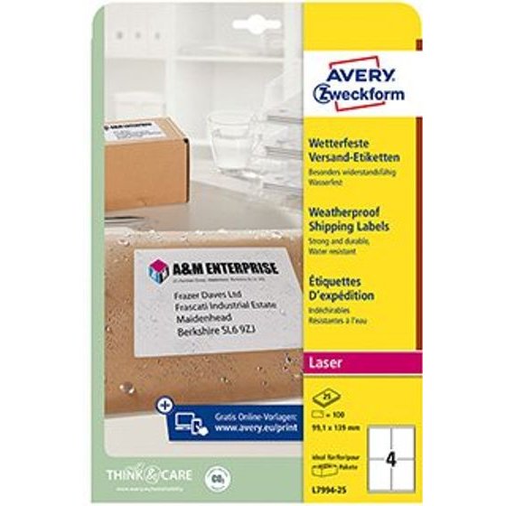 Avery Zweckform Labels 99.1mm x 139mm, A4, white, 1 label, waterproof, Packed By 25 pcs, For Laserjet Printers - (L7994-25)