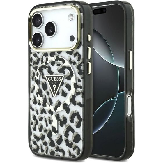 Guess Case Iml Leopard Glitter Triangle Logo Magsafe For Iphone 18 Pro / Iphone 17 Pro Black - (GUHMP18LHLEGTGLK)