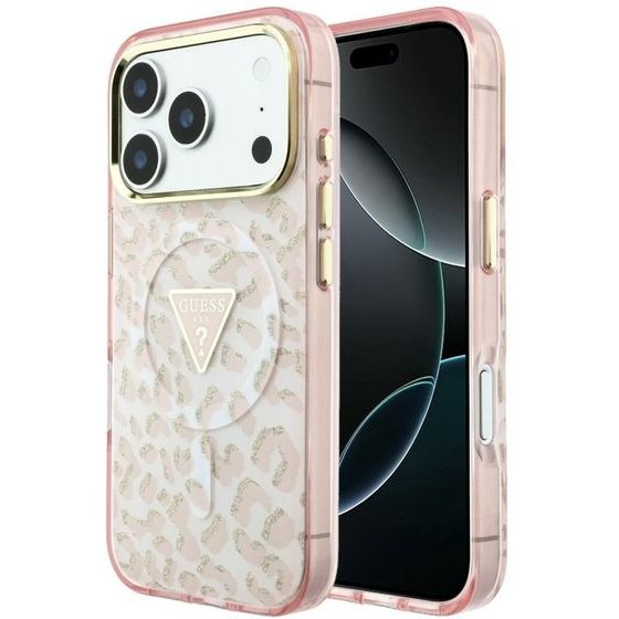 Guess Case Iml Leopard Glitter Triangle Logo Magsafe For Iphone 18 Pro Max / Iphone 17 Pro Max Pink - (GUHMP18XHLEGTGLP)
