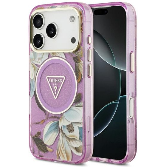 Guess Etui Iml Glitter Flowers Triangle Magsafe Do Iphone 18 Pro / 17 Pro Fioletowy - (GUHMP18LHFLPEDU)