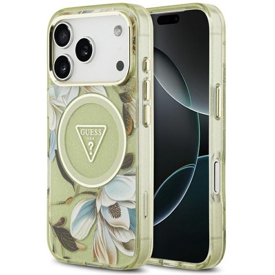 Guess Etui Iml Glitter Flowers Triangle Magsafe Do Iphone 18 Pro / 17 Pro Zielony - (GUHMP18LHFLPEDN)