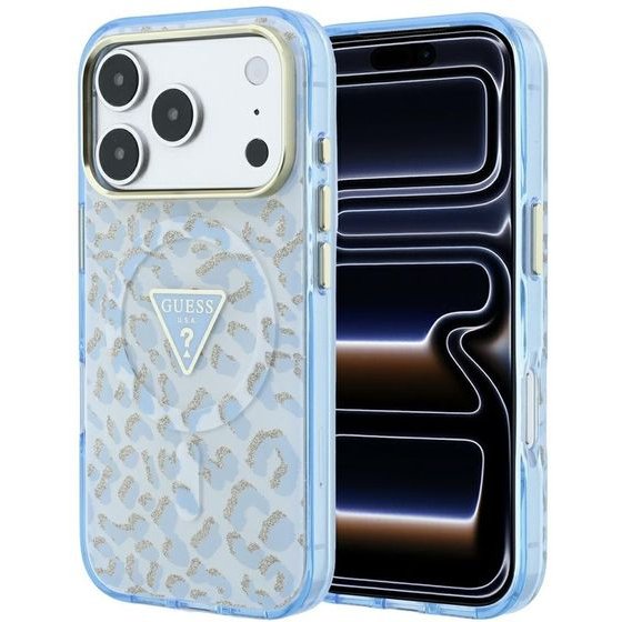 Guess Etui Iml Leopard Glitter Triangle Logo Magsafe Do Iphone 18 Pro Max / 17 Pro Max Niebieski - (GUHMP18XHLEGTGLU)