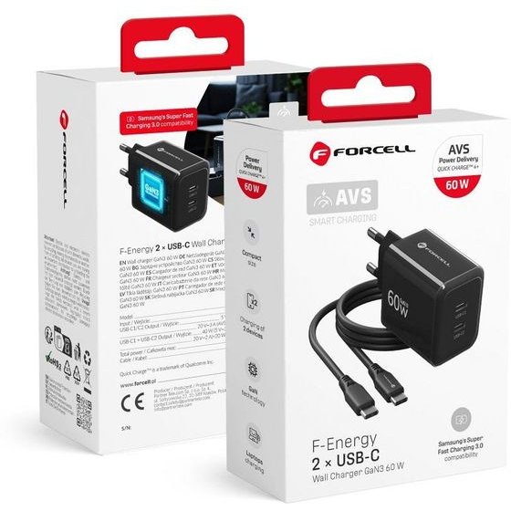 FORCELL Phone Charger F-Energy Gan Iii Crystal Color 2x Usb C Avs SSFC3.0 60W + Silicone Cable Usb C To Usb C VT-60 black