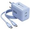 FORCELL Phone Charger F-Energy Gan Iii Crystal Color 2x Usb C Avs SSFC3.0 60W + Silicone Cable Usb C To Usb C VT-60 blue