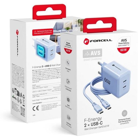 FORCELL Phone Charger F-Energy Gan Iii Crystal Color 2x Usb C Avs SSFC3.0 60W + Silicone Cable Usb C To Usb C VT-60 blue