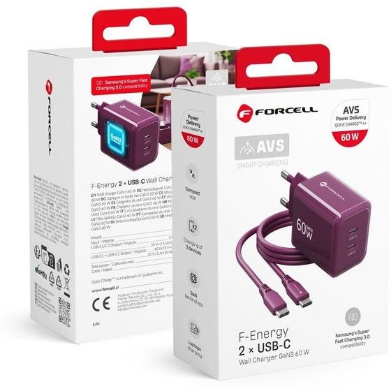 FORCELL Phone Charger F-Energy Gan Iii Crystal Color 2x Usb C Avs SSFC3.0 60W + Silicone Cable Usb C To Usb C VT-60 burgund