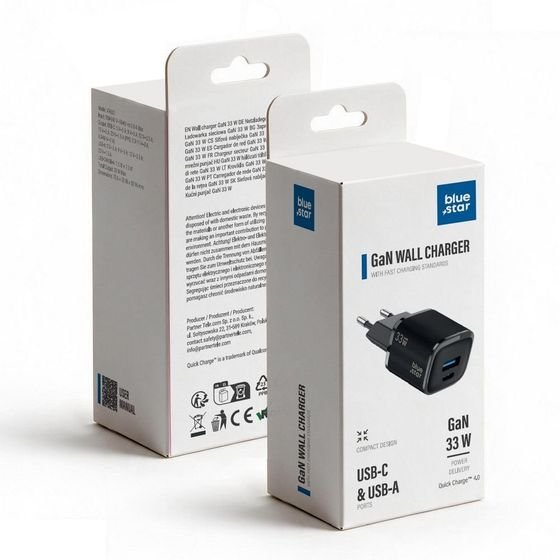 Blue Star Phone Charger Nano Gan Usb C + Usb A QC4.0 Pd 3A 33W VT-332 black